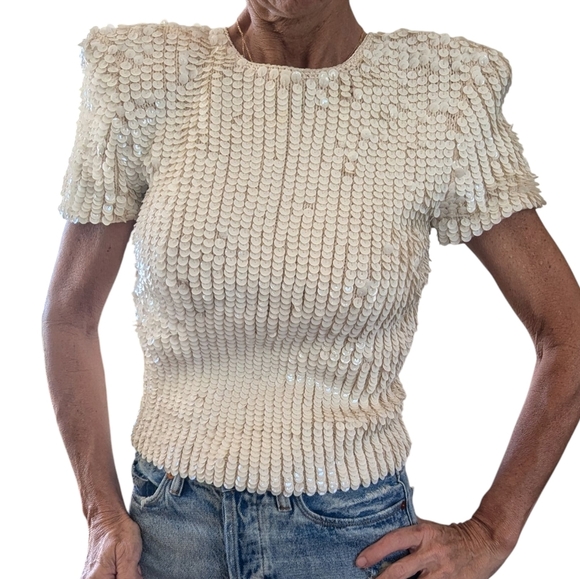 Vintage E. Haas & Co Sequin Wool Top Open Back Puff Sleeve Cream Rare Find Sze M - Picture 2 of 13
